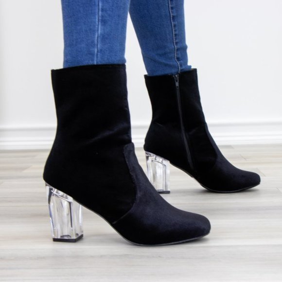 Shoes - Black Velvet Above Ankle Clear Heel Bootie